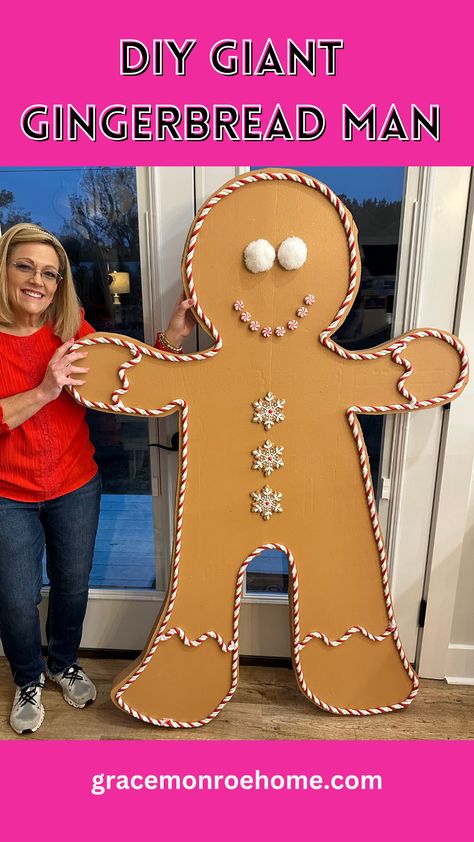 Learn How to Make an Adorable Giant Gingerbread Man! Christmas Decor Competition, Gingerbread Man Wood Cutout, Gingerbread House Ideas Decoration Home, Big Christmas Party Decorations, Gingerbread Land Decorations, Gingerbread House Outdoor Decor Diy, Diy Candyland Christmas Decorations Outdoor, How To Make A Gingerbread House Out Of Cardboard, Foam Board Gingerbread Man