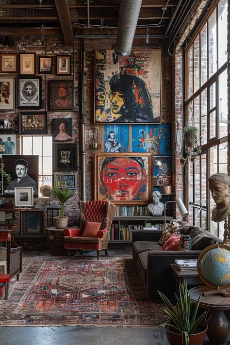 29 Eclectic Home Decor Ideas to Revamp Your Living Space 2 Eclectic Office Decor Interior Design, Eclectic Window Decor, Punk Rock Home Decor, Wall Covered In Pictures, Bohemian Home Interior, Eclectic Cafe Design, Eclectic Industrial Living Room, House Interior Theme Ideas, Artists Homes Interior