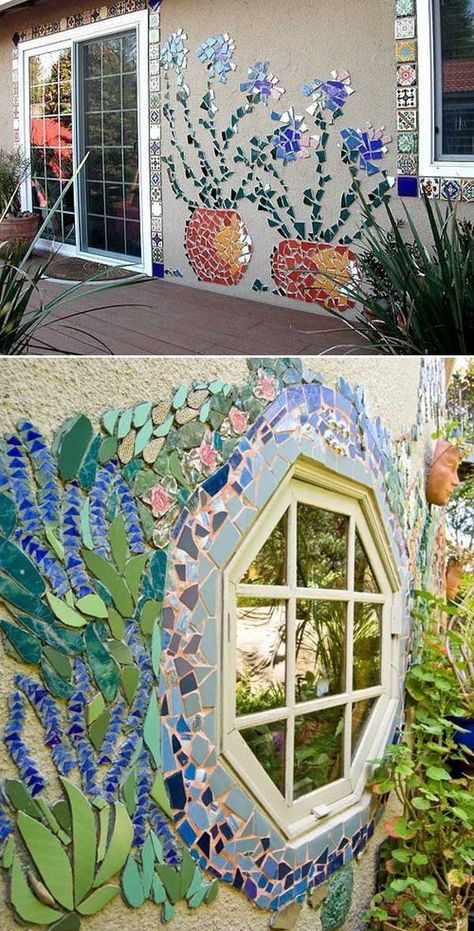 Backyard Mosaic Ideas, Painting Garden Pots Ideas, Cool Garden Ideas Backyards, Outdoor Wall Mosaic Ideas, Outdoor Mosaic Ideas, Mosaic Art Ideas Easy, Diy Outdoor Decorations, Diy Backyard Decor, Garden Ideas Diy