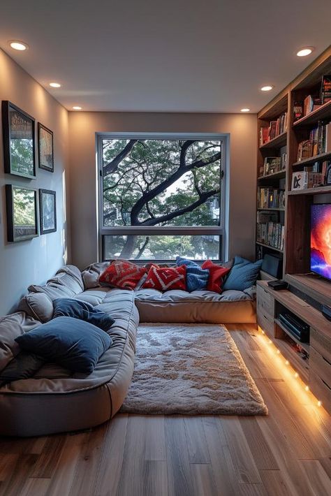 40 Small Bonus Room Ideas To Create a Tiny but Fabulous Space Tiny Entertainment Room Ideas, Basement Media Room Ideas Small Spaces, Small Common Room Ideas, Upstairs Common Area Ideas, Living Room With Workspace, Small Teen Hangout Space, Upstairs Small Loft Ideas, Lounging Room Ideas, Bonus Space Ideas