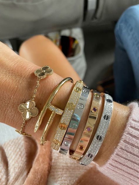 Cartier Love Bracelet Stack, Love Bracelet Stack, Vintage Alhambra Bracelet, Alhambra Bracelet, Girly Bracelets, Luxury Backpack, Expensive Jewelry Luxury, Cartier Bracelet, Wrist Jewelry