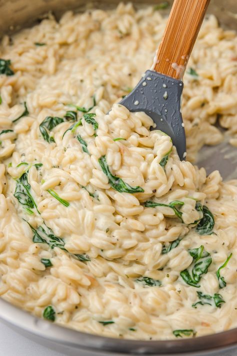 Boisin Cheese Orzo, One Pot Boursin Orzo, Chicken Sausage Orzo Boursin, Boursin Orzo Pasta, Boursin Cheese Orzo Pasta, Borson Cheese Recipes, Orzo And Boursin Pasta Bake, Boursin Risotto, Boursin Cheese Orzo