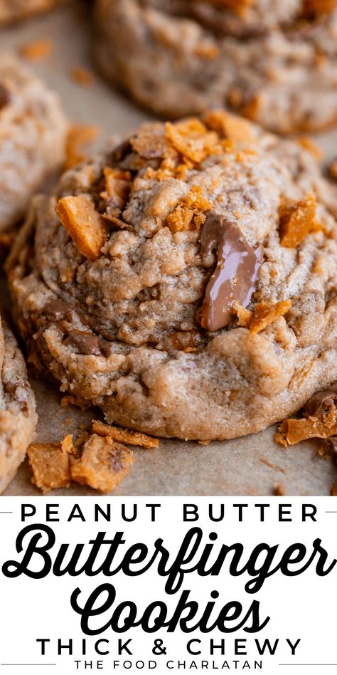 Peanut Butter Cookies Halloween, Dessert Ring Recipes, Peanut Butter Heath Cookies, Crumbl Butterfinger Cookie, Gourmet Drop Cookies, Stuffed Cookie Recipes Middle, Homemade Baked Goods Desserts, Desserts That Look Like Real Food, Best Halloween Cookie Recipes