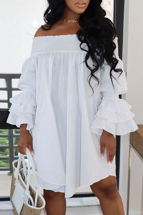 Off Shoulder Casual Dress, Loose Mini Dress, Princess Dresses, Ruffle Sleeve Dress, Straight Dress, Loose Outfit, Vestido Casual, Loose Dress, White Casual