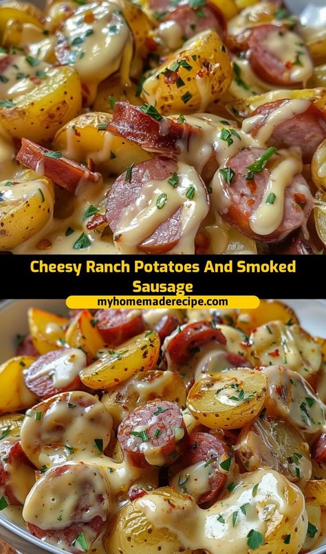 These Cheesy Ranch Potatoes and Smoked Sausage make for a comforting and flavorful dish! Packed with cheesy goodness and savory sausage, it’s an easy dinner the whole family will love Easy Recipes With Smoked Sausage, Crock Pot Cheesy Potatoes And Sausage, Quick Sausage Recipes, Supper Ideas Sausage, Sausage Lunch Meal Prep, Smoked Sausage And Mashed Potatoes, What Goes With Sausage, Smoked Sausage Dishes, Whole Food Supper Ideas