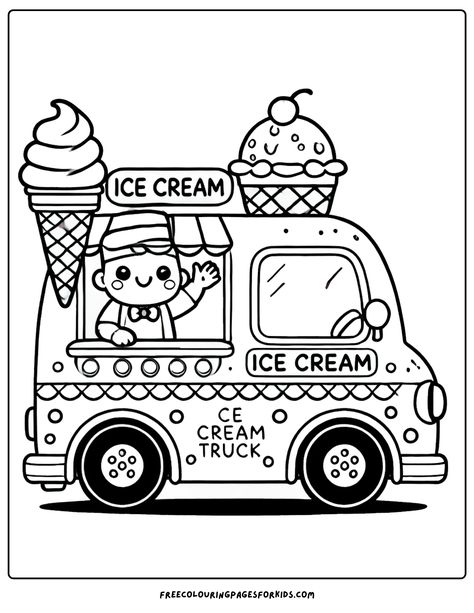 This whimsical design showcases a cheerful ice cream truck adorned with a towering ice cream cone, alongside a friendly vendor who’s excited to greet young artists. Colouring For Kindergarten, Ice Cream Outline, Ice Cream Coloring, Ice Cream Pictures, Christmas Ice Cream, September Colors, Ice Cream Coloring Pages, Free Kids Coloring Pages, Color Sheets