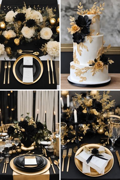 Black and Gold Wedding Color Ideas: Beautiful Black, Gold, and White Ideas - Francisca's Bridal Black White Ivory Gold Wedding, Wedding Black Gold White, Flowers For Black And Gold Wedding, Wedding Colors Black And Gold, Black White Gold Wedding Reception, Black And Champagne Wedding Table Decor, Black And Gold Western Wedding, Black Gold And Pearl Wedding, Black Ivory And Gold Wedding Reception