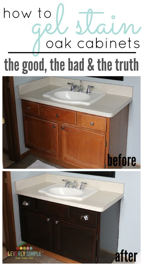 Have you ever wondered how to use gel stain cabinets? Here's the truth about what the process looks like and tips to make it a success! Gel Stain Cabinets, Gel Stain Kitchen Cabinets, Gel Staining Cabinets, Stain Cabinets, Gel Stains, Staining Cabinets, Cabinet Makeover, After Pictures, Bathroom Redo