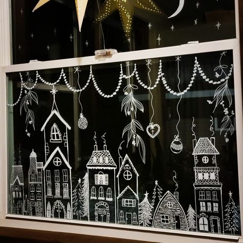 Chalk Pen Window Art Christmas Houses, Christmas Chalk Marker Window, Christmas Chalk Window Designs, Chalk Pen Christmas Window Ideas, Christmas Village Window Art, Holiday Window Chalk Art, Draw On Window Christmas, Christmas Drawings On Windows, Chalk Marker Window Art Christmas