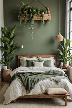 Green Bedroom With Dark Wood Furniture, Aesthetic Room Decor Green, Boho Bedroom Green Bedding, Bedroom With Sage Green Walls, Green Inspired Bedroom, Sage Wall Bedroom, Sage Green Wall Bedroom, Sage Boho Bedroom, Sage Bedding Aesthetic