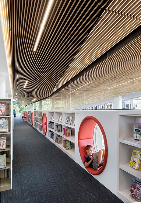 Innovative Library Design, Commercial Library Design, Cool Library Design, Cool Library Ideas, Modern Library Design Interiors, Elementary Library Design, Library Architecture Concept, Public Library Interior Design, Library Ceiling Design