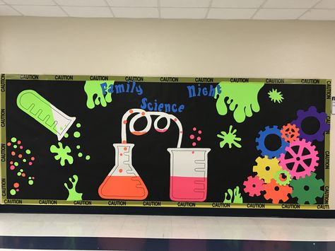 Science Classroom Decorations Preschool, Vbs Science Lab Decorations, Science Fair Decoration, Science Fair Decoration Ideas, Science Exhibition Decoration Ideas, Stem Decorations, Science Decorations, Stem Bulletin Boards, Science Bulletin Board