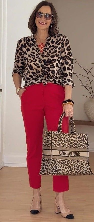 Ladies Classy Outfits, Navy Pants Outfits For Women, Red Slacks Outfit Women, Church Outfit Pants Classy, Mustard Pants Outfit Fall, Leopard Print And Red Outfits, How To Wear Red Pants, Red Pants Outfit Casual, Copper Pants Outfit