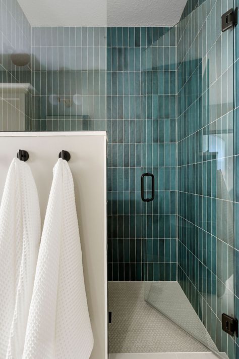 Vertical Tile Shower Ideas With Tub, Vertical Straight Stack Shower Tile, Blue Green Subway Tile Bathroom, Vertical Metro Tiles Bathroom, Shower Tiles Vertical Or Horizontal, Teal Shower Tile Bathroom, Staggered Vertical Subway Tile, Dark Blue Subway Tile Bathroom, Teal Subway Tile Bathroom