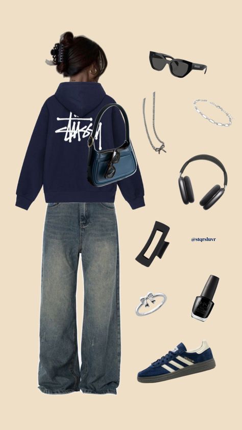 navy stussy hoodie adidas handball spezial sunglasses outfit inspo streetwear casual style 90s vintage aesthetic College Hoodie Outfit, Y2k Outfits Aesthetic, Street Style Outfits Casual, Stussy Hoodie, Outfit Inso, Downtown Outfits, Outfit Inspo Casual, Trendy Outfits For Teens, Paris Outfits