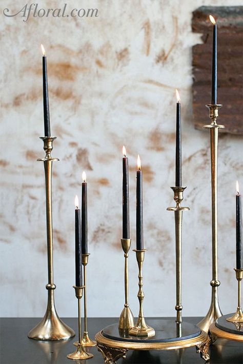 This black candle is perfect to create a dramatic look for your DIY Gothic wedding, or use in your home decor as a unique accent. Antique Candle Sticks, Gold Candle Holders, Romantic Candles, Black Gold Jewelry, Gold Candles, Black Candles, Gold Party, Gothic Decor, Wedding Candles