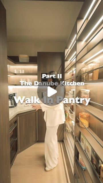 Osama El Shahed Group on Instagram: "A Day with #ShahedKitchens THE DANUBE KITCHEN  The art of the concealed. Maximum functionality and aesthetics ✅Sliding Divider - long gone is the argument of a closed or open kitchen. You can now have both! ✅Sliding backsplash ✅Porcelain countertops  ✅Partitioned units  ✅Base spice rack ✅Folding tap ✅Concealed hood  ✅Glass units  ✅Built in plate racks ✅Built under fridge ✅Built in dishwasher   ✅Walk In Pantry - PART 2 ✅Microwave Trim ✅Corner Carousel Unit ✅Rail System  ✅Wicker baskets   ✅Walk In Laundry - PART 3  #CreateTheLook with a Shahed Group designer! 📍36 Gamaet El Dowal El Arabeya, Mohandiseen, Cairo, Egypt ————————————————————— #shahedgroup #elshahedgroup #shahedkitchens #shahedinteriors #interiordesign #interiors #homedecor #homeideas #designi Walk In Pantry Behind Fridge, Walk In Pantry Corner, Long Open Kitchen, Walk In Fridge Home, Sliding Backsplash, Concealed Pantry, Walk In Pantry With Countertop, Pantry With Fridge, Sliding Divider