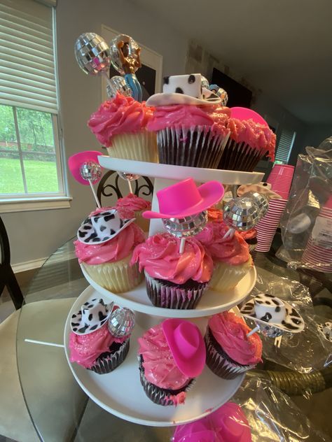 Pink Country Theme Party, Cowgirl 21 Birthday Party Cake, Pink Cowgirl 1st Birthday, Sweet 16 Disco Cowgirl Party, Cowgirl Party Birthday, Cowboy Pink Party, Pink Cowgirl Aesthetic Birthday, Cowgirl Party Desserts, 18th Birthday Party Cowgirl