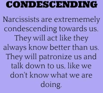 Condescending some people are real experts at it and unfortunately do it often... so often, I'm not sure they are even aware that they are doing it.. so common place, everyday it's expected. Narcissistic Men, Narcissistic Family, Narcissism Quotes, Narcissism Relationships, Narcissistic People, Narcissistic Parent, Narcissistic Mother, Narcissistic Behavior, Psychology Facts