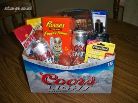 Really good idea for a teen, minus the beer. Sub with their favorite soda or other kind of drink! Beer Basket Ideas For Men, Mens Easter Basket, Beer Basket, Beer Box, Busch Light, Easter Time, Hoppy Easter, Easter Fun, Basket Ideas