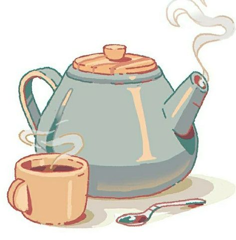 Tea Steam Illustration, Drawing Tea Cup, Cute Teapot Drawing, Tea Drawing Aesthetic, Tea Art Drawing, Tea Kettle Drawing, Tea Set Drawing, Teapot Cartoon, Cup Of Tea Drawing