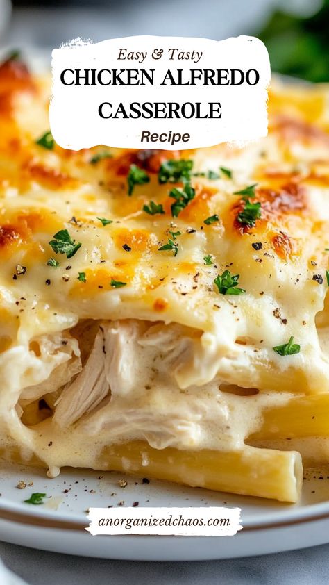 Chicken Alfredo Casserole - When it comes to comfort food, nothing quite hits the spot like a creamy, cheesy casserole, and this Chicken Alfredo Casserole is the ultimate cozy dish to dive into! I first stumbled upon this gem on a rainy weeknight when the pantry was low on fancy ingredients but high on flavor Cream Of Chicken Casseroles, Chicken Fettuccine Casserole, Leftover Chicken Alfredo Ideas, Creamy Chicken Alfredo Casserole, Make Ahead Chicken Alfredo Bake, Chicken Alfredo With Rotisserie Chicken, Chicken Alfredo Casserole Easy, Chicken Fettuccine Alfredo Casserole, Creamy Chicken Casserole Recipes