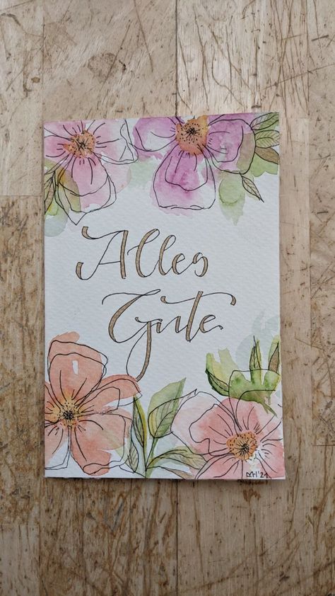 Cute Watercolour Birthday Card, Flowers On Cards Drawing, Watercolour Flower Card Ideas, Birthday Card Ideas With Watercolor, Watercolour Flower Birthday Card, Watercolor Gift Card Ideas, Flower Cards Drawing, Watercolor Birthday Cards Flowers, Painted Birthday Card Ideas