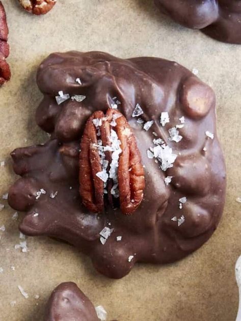 Chocolate Caramel Pecan Clusters Caramel Pecan Clusters Recipe, Pecan Clusters Recipe, White Chocolate Almond Bark, Pecan Clusters, Slow Cooker Candy, Food Dolls, Caramel Bits, Soft Caramel, Candy Recipes Homemade