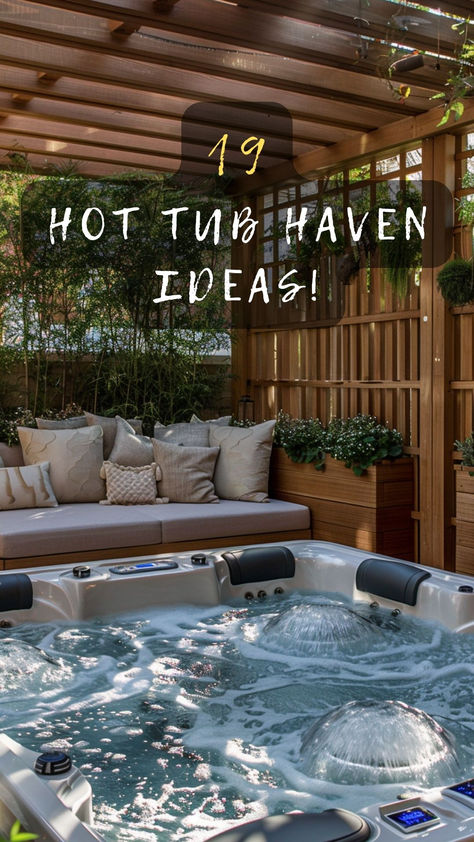 Dreaming of a hot tub oasis? Click to explore 19 stunning hot tub surround ideas that turn your space into a relaxation haven! 🛁✨ #HotTubDesign #BackyardOasis #SpaDayEveryday #GardenDesign #HomeImprovement Spa Pool Landscaping Ideas, Hot Tub Pool Ideas Backyard, Hot Tub And Bar Ideas, Hot Tub Seating Area, Hot Tub Wood Surround, Bar Around Hot Tub, Landscaping Around A Hot Tub, Hot Tub Surround Backyard, Plants Around Hot Tub