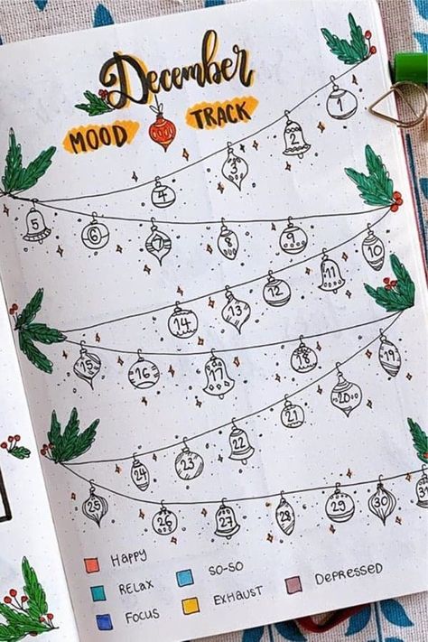 Check out the best MOOD TRACKER ideas to try in your bullet journal this December! #bujo #bulletjournal #moodtracker #bujoideas Christmas Tree Mood Tracker, December Mood Tracker Ideas, December Dot Journal, December Bujo Mood Tracker, December Mood Tracker Bullet Journal, December Bujo Ideas, December Bullet Journal Mood Tracker, Winter Mood Tracker, Christmas Mood Tracker