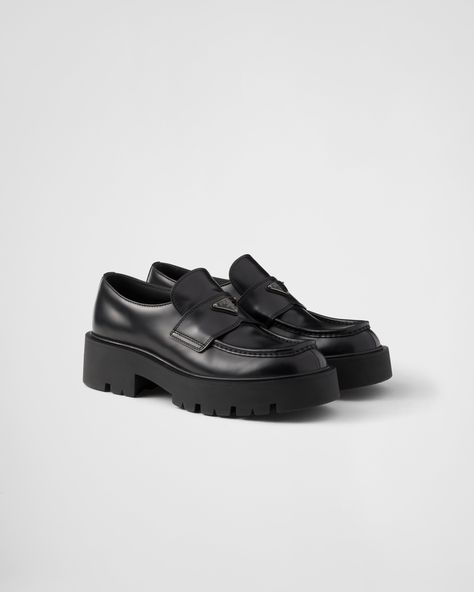 Black Brushed Leather Loafers | PRADA Prada Loafers, Shoe Technology, Blossom Garden, Mens Travel Bag, Men Loafers, Triangle Logo, Driving Shoes, Lacing Sneakers, Prada Shoes