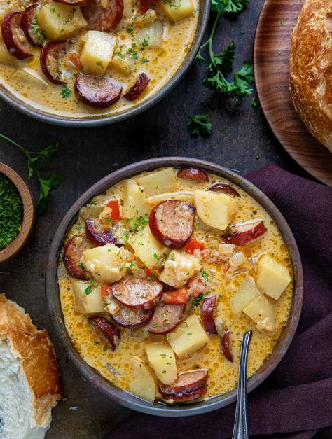 Dinner With Ingredients You Have, Andouille Sausage Soup Crockpot, Slow Cooker Cajun Potato Soup, Spicy Sausage And Potato Soup, Cajun Potato Soup Recipe, Creamy Cajun Potato Soup, Healthy Movie Night Dinner, Andoullie Sausage Soup, Potato Soup With Mushrooms