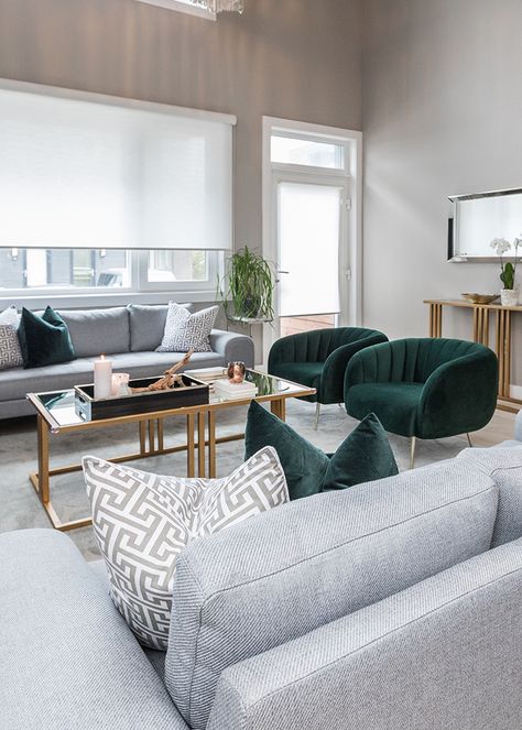 Velvet Green Living Room Ideas, Grey Couch And Green Pillows, Couch With Accent Chairs Modern, Grey With Accent Color Living Room, Emerald Accent Chair, Green Velvet Couch Living Rooms Modern, Gold Green Grey Living Room, Emerald Green Living Room Accents, Grey Emerald Green Living Room