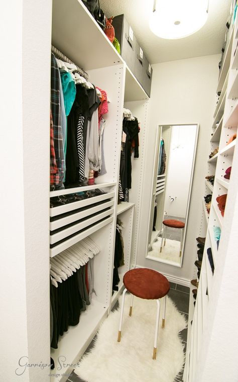 Small Walk-In Closet PAX Big Storage | Garrison Street Design Studio 5ft Wide Walk In Closet, Closet Measurements Guide, Ikea Pax Small Walk In Closet, Slim Walk In Closet, Small Walk In Closet Decor, Small Bedroom With Walk In Closet, Small Closet Decor, Very Small Walk In Closet Ideas, Dressing Pax