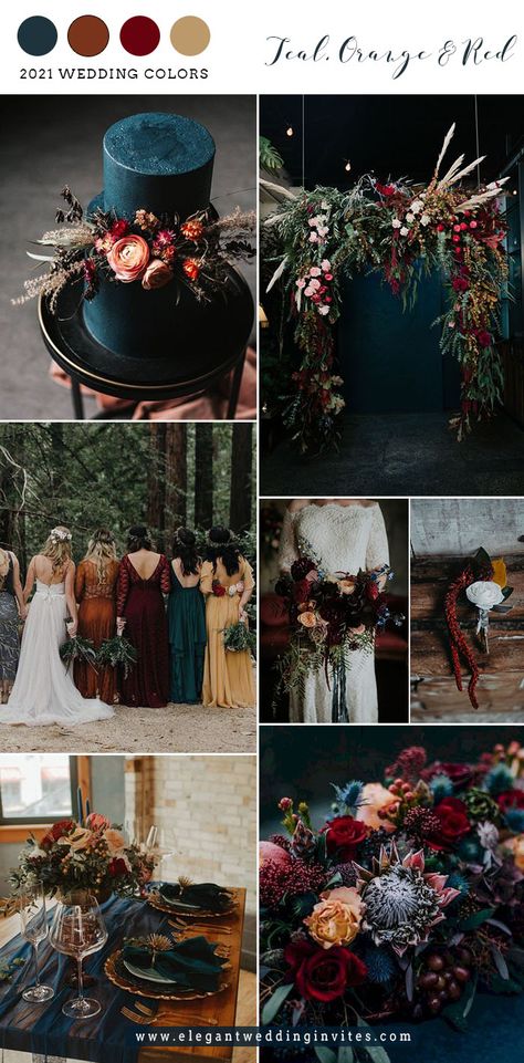 Dark Teal Burgundy Gold Wedding, Black Red Teal Wedding, Cozy Chic Wedding Colors, Purple And Burgundy Christmas Decor, Moody Boho Fall Wedding, Black And Fall Wedding, Black Orange Green Wedding, Dark Teal And Yellow Wedding, Maroon Champagne Rose Gold Dark Teal Wedding