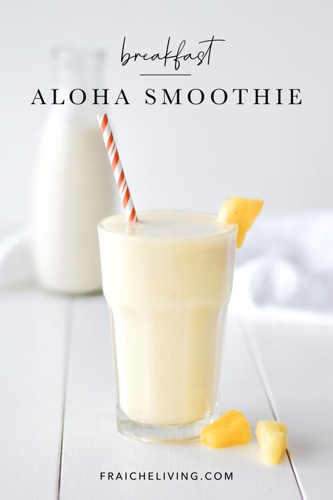 Aloha Pineapple Smoothie, Tasty Protein Smoothies, Healthy Tropical Smoothie Recipes, Tropical Smoothie Recipes, Fraiche Living, Pineapple Smoothie Recipes, Fruit Smoothie Recipes Healthy, Banana Drinks, Protein Smoothies