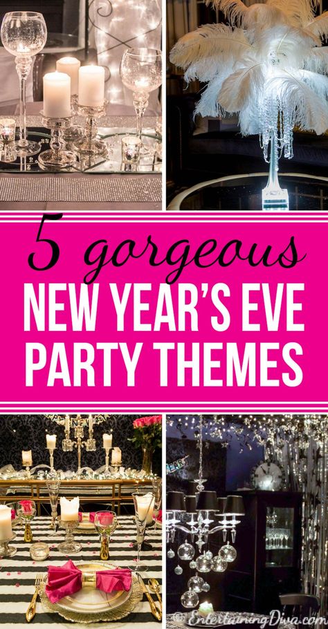 These gorgeous glam New Year's Eve party themes will add some sparkle to your New Year's Eve party decorations. #entertainingdiva #NYEparty #partyideas #partythemes #newyearsevepartyideas #diychristmas Theme For New Years Eve Party, Sparkle Party Theme, Nye Party Themes, New Years Eve Party Themes, Elegant Party Themes, New Years Party Themes, New Year's Eve Party Themes, Nye Party Decorations, New Years Eve Drinks