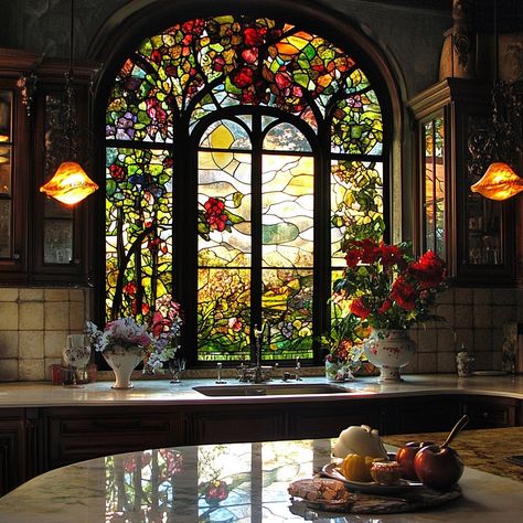 A stained glass kitchen is a vibrant and artistic space where functionality meets timeless beauty. The cabinets and windows are adorned with intricate stained glass panels that catch the light, casting colorful reflections throughout the room. Each piece of stained glass is carefully crafted, featuring patterns inspired by nature, geometric designs, or abstract art, creating a unique and personalized aesthetic. The interplay of light through the glass transforms the kitchen into a dynamic env... Kitchen With Stained Glass Windows, Big Stained Glass Windows, Aesthetic Stained Glass Window, Stained Glass Windows Bedroom, Stain Glass In House, Stained Glass Art Aesthetic, House With Stained Glass Window, Stained Glass Shower Curtain, Stained Glass In Home