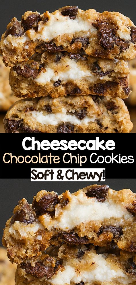 Cheesecake chocolate chip cookies are soft chocolate chip cookies with a surprise cream cheese filling that will delight everyone who tries the recipe! #cookies #cheesecake #stuffedcookies #chocolatechip #creamcheese #dessert Chocolate Chip Cheesecake Cookies Recipe, Filled Chocolate Chip Cookies, Cheesecake Chocolate Chip, Cookies Cheesecake, Cream Cheese Chocolate Chip Cookies, Cheesecake Cookies Recipes, Cream Cheese Cookie Recipe, Chocolate Chip Cookie Cheesecake, Desserts With Chocolate Chips