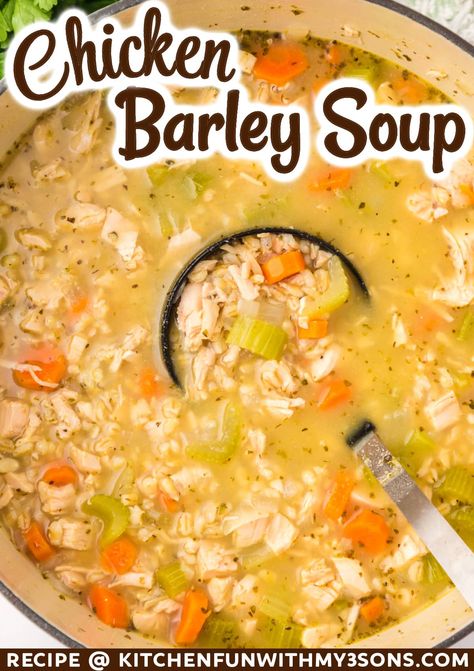 There isn’t anything more comforting than this Chicken Barley Soup recipe on a cold day. It’s hearty, warm, and easy to make. You’ll want to enjoy it all winter long! Chicken Barley Soup Recipes Homemade, Barley Soup Chicken, Chicken Soup With Barley Recipe, Soup Recipes Barley, Soup Recipes With Barley, Slow Cooker Chicken Barley Soup, Chicken And Barley Soup Recipes, Barley Salad Recipes Cold, Crockpot Chicken Barley Soup