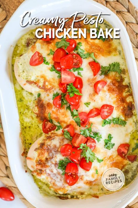 SAVE THIS RECIPE! This is our favorite easy chicken dinner! Chicken with Pesto Cream Sauce takes less than 30 minutes to make and kids and adults both love it! It uses chicken breast and makes a super easy cream sauce using pesto to give it an extra boost of flavor. This easy family dinner is delicious enough to serve to company and simple enough to make on a busy weeknight. This easy chicken dinner with cheese and pesto is a winner! Chicken Pesto Cream Cheese, Chicken Pesto Gnocchi, Chicken With Pesto Recipes, Pesto Cream Cheese Chicken, Pesto Stuffed Chicken Breast, Baked Chicken Pesto, Chicken Recopes, Pesto Chicken Recipes, Chicken Pesto Bake