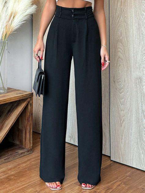 Pantalon large taille haute couleur unie pour femmes Noir Casual   Tissu tricoté Unicolore Coupe droite Élasticité moyenne  Women Clothing, size features are:Bust: ,Length: ,Sleeve Length: Wide Leg Pants Black, Wide Legs Pants, Sports Jackets Women, High Waist Wide Leg Pants, Flare Leg Pants, Belted Coat, Pantalon Large, Inspiration Mode, Sport Pants