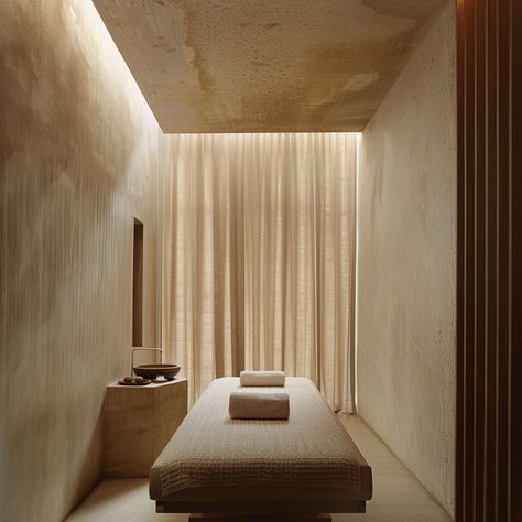 Our spa's calming palette and sustainable materials speak to the soul. #velazquezmcdonnellinteriors #wellnessgoals #spa #ecological #EcologicalDesign #interiordesign #interiordesigner Spa Refreshment Bar, Wellness Space Design, Organic Spa Design, Day Spa Design, Wellness Store Design, Water Feature Interior, Dark Spa Aesthetic, Wellness Spa Aesthetic, Thai Massage Room Design