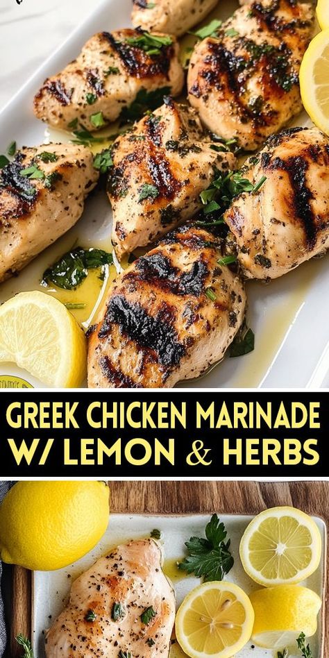 Craving delicious, juicy chicken full of Mediterranean flavors? This easy Greek chicken marinade is packed with fresh lemon juice, garlic, and aromatic herbs like oregano and thyme. 👉 Try this recipe today and elevate your dinner game with authentic Greek flavors! Don’t forget to share and tag us in your creations. #GreekChicken #MediterraneanRecipes #ChickenMarinade #HealthyMeals #GrillingRecipes #EasyDinner #MealPrepIdeas #LemonHerbChicken #HomeCooking Parsley Chicken Marinade, Chicken Marinade With Lemon, Mediterranean Chicken Recipes Marinade, Authentic Greek Chicken Marinade, Greek Pan Chicken, Medditeranean Chicken Marinade, Greek Goat Recipes, Lemon And Herb Chicken Marinade, Grilled Greek Chicken Marinade