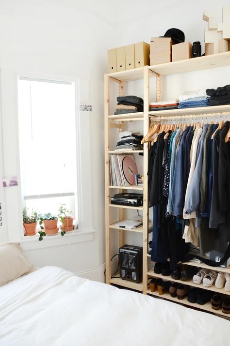 Ikea Ivar Shelves, Small Closet Solutions, Makeshift Closet, Clothes Storage Ideas, Storage Ideas For Small Spaces, Small Closet Space, Bedroom Closet Storage, Ikea Closet, Open Wardrobe