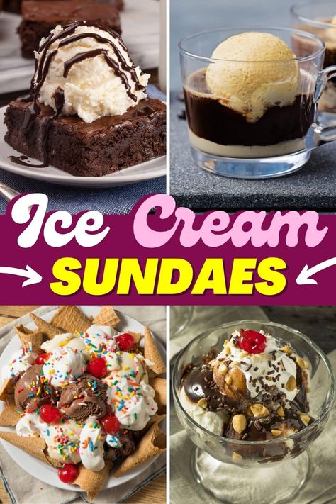 Ice Cream Sundae Recipes, Brownie Sundae Ideas, Ice Cream Sundae Ideas, Ice Cream Sundae Recipe, Banana Sundae, Chocolate Chip Cookie Dough Ice Cream, Sundae Toppings, Sundae Recipes, Brownie Sundae