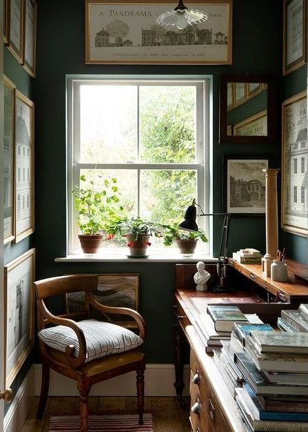 Dark Academia Room Ideas, Dark Academia Room, Academia Room, Halfway House, Green Interiors, A Desk, Home Library, Life Magazine, Home Office Design