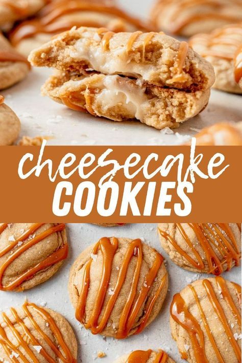 Holiday Cheesecake, Crumble Cookie Recipe, Drop Cookie, Gooey Caramel, Caramel Cheesecake, Filled Cookies, Cheesecake Filling, Cheesecake Cookies, Caramel Cookies