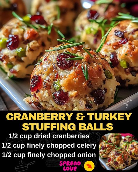 Cranberry & Turkey Stuffing Balls Stuffing Balls Recipe, Cranberry Turkey, Stuffing Balls, Thanksgiving Leftover Recipes, Turkey Meatball Recipe, Turkey Stuffing, Thanksgiving Cooking, Thanksgiving Recipes Side Dishes, Turkey Recipes Thanksgiving