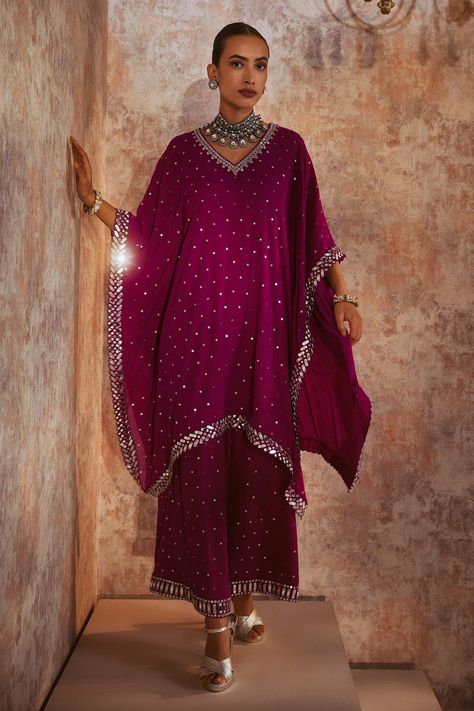 Shop for Vvani by Vani Vats Wine Georgette V Neck Embroidered Kaftan And Palazzo Set for Women Online at Aza Fashions Unique Kaftan Designs, Kaftan Styles For Ladies, Kaftan Dress Indian, Kaftan Sleeves, V Neck Kaftan, Vani Vats, Kaftan Styles, Embroidery Mirror, Haldi Outfits